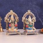 Pure Brass Ganesha Lakshmi Idol Pair with Meenakari Stonework - 8" Height